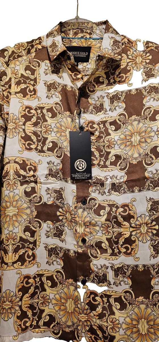dress shirt semi formal baroque attire for men Mens Silk Shirts Long Sleeve Silk Pattern Black / L Mens button Baroque Shirt Style, Long Sleeve