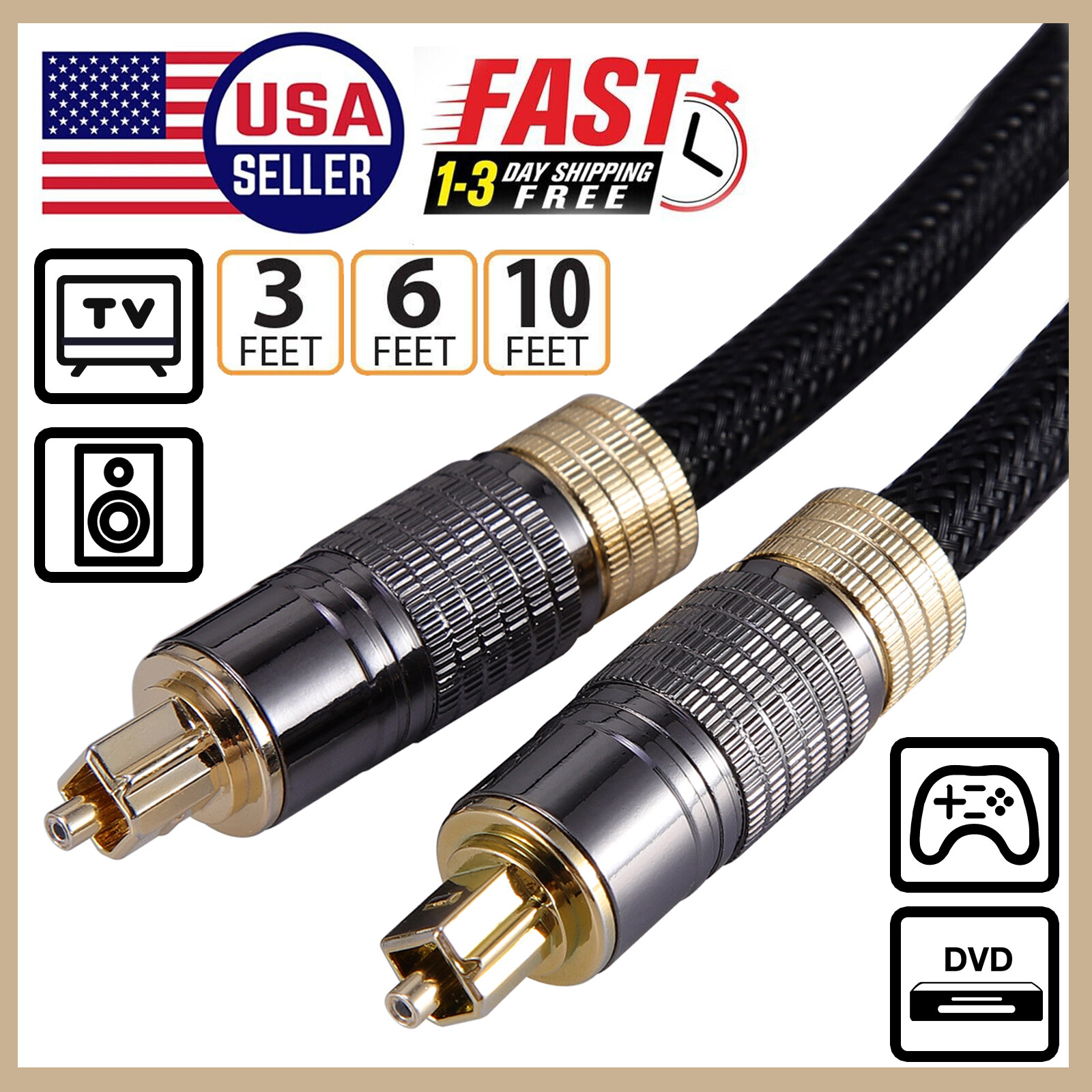 10ft (3M) Optical Audio Cable - Digital Toslink SPDIF For TV, Soundbar, Hi-Fi