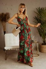 SALE 🛒 Maxi Dress Green Red Floral Pattern Size Waisted 8-12 UK Sleeveless