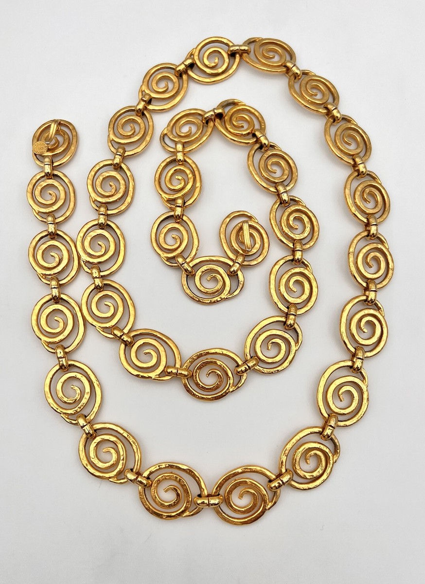 Vintage CELINE Gold Spiral Logo Chain Link Charm Belt 44 Vintage CELINE Gold Spiral Logo Chain Link Charm Belt 44