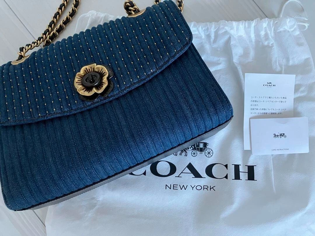 Coach Parker Tea Rose Quilting Studded Denim Chain Strap Shoulder