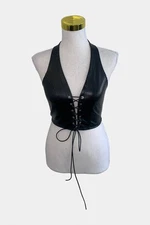 Assorted Brands Womens Size XS Crop Halter Top Black Lace Up Front Sleeveless