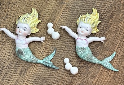 2 - Vintage Napco/ Norcrest Ceramic MERMAIDS Wall Plaque Figurine w/ Bubbles