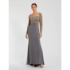 Mac Duggal 2256 Gray Beaded Square Neck Long Sleeve Jersey Gown Size 2 NWT