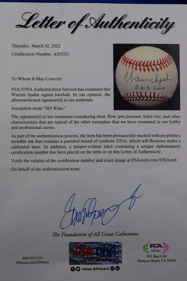 Warren Spahn PSA DNA Autograph National League ONL Signed Baseball 363 Wins - Image 2 of 2