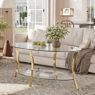 43.3'' Oval Glass Coffee Table Gold Metal Legs Tempered Glass