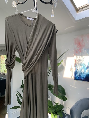 Helmut Lang Protection Draped Midi-Dress Olive Green Size M $395 - Picture 13 of 13