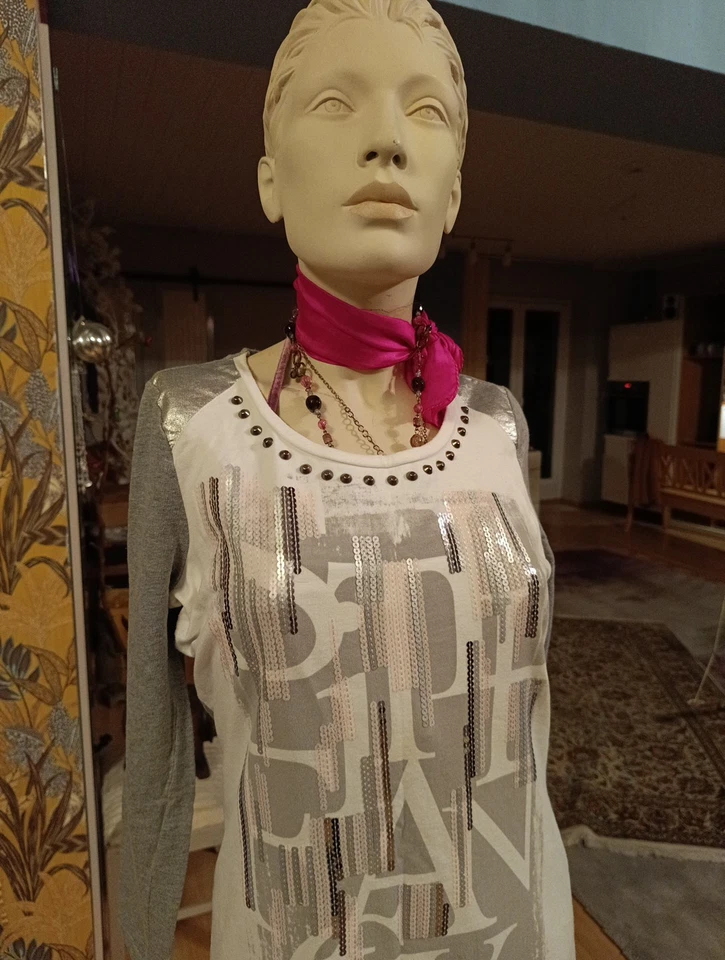 Pullover Pulli S grau lang Feinstrick Biba Jersey komb. Stoffe Nieten 38 40 - Bild 2 von 4