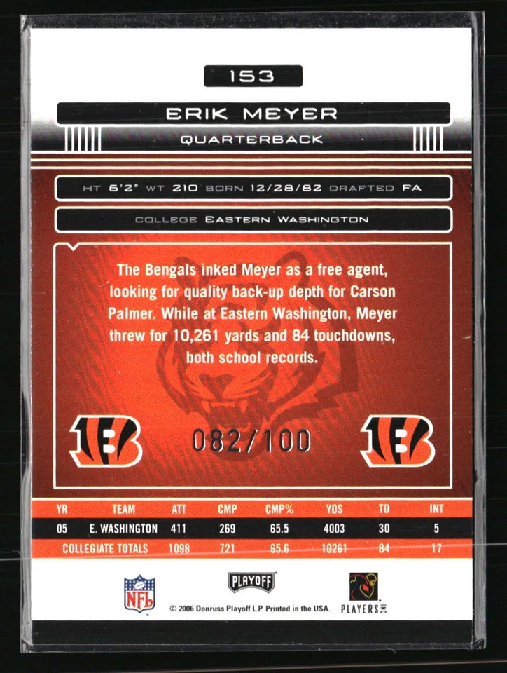 Erik Meyer 2006 Playoff Absolute Memorabilia Spectrum RC /100 #153 Football - Image 2 of 2