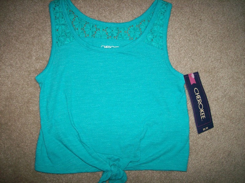 NWT Girls Cherokee Green  Sleeveless Tie Waist Knit Top Eyelet Trim Size XS(4-5)