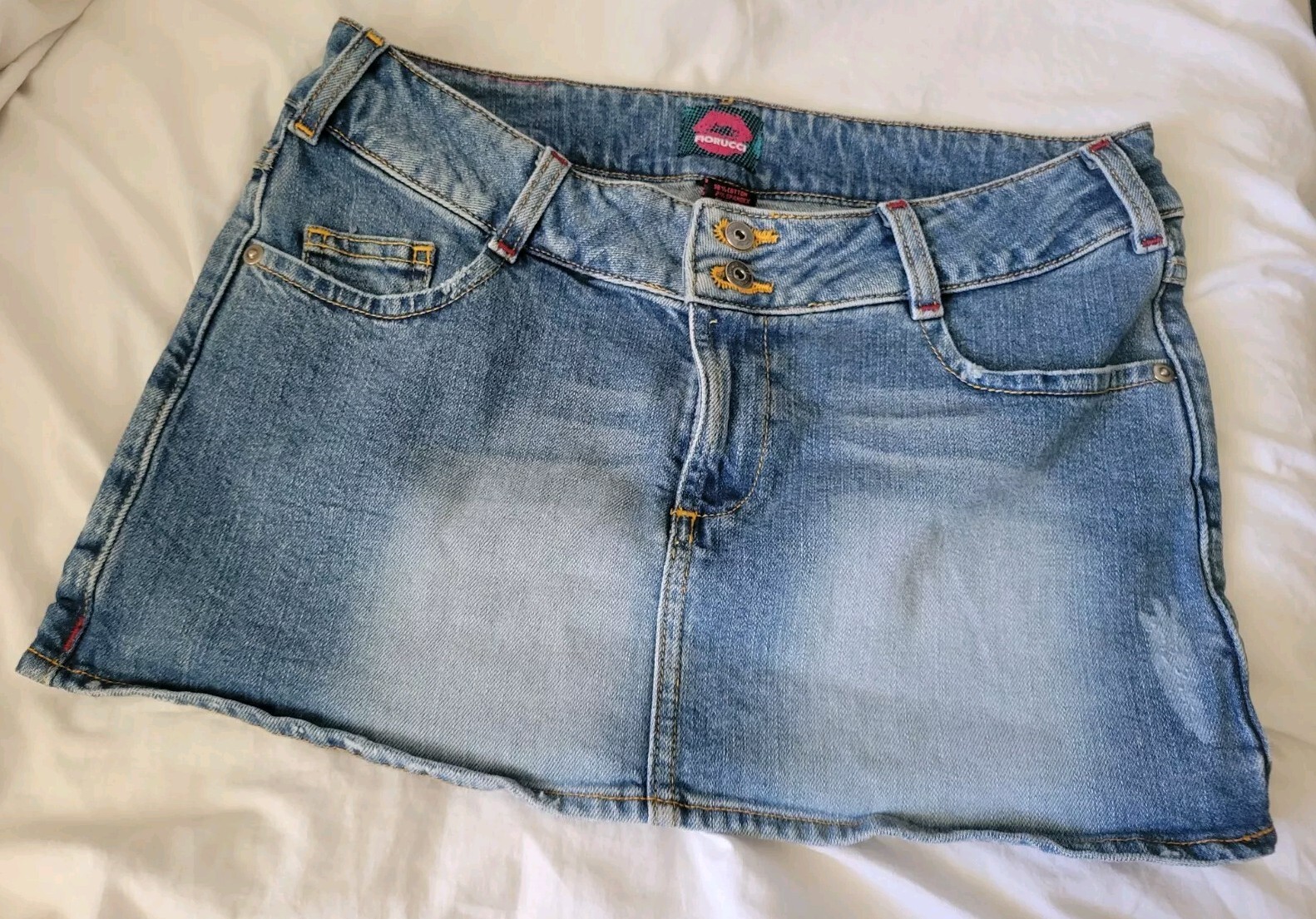 Fiorucci Distressed Denim Mini Skirt Size 9 with Pockets in Blue