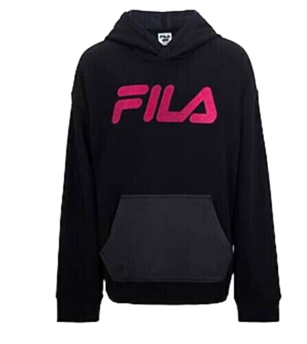 FILA Pullover foderato in pile felpa con cappuccio nero carbone lampone $60 nuovo con etichette