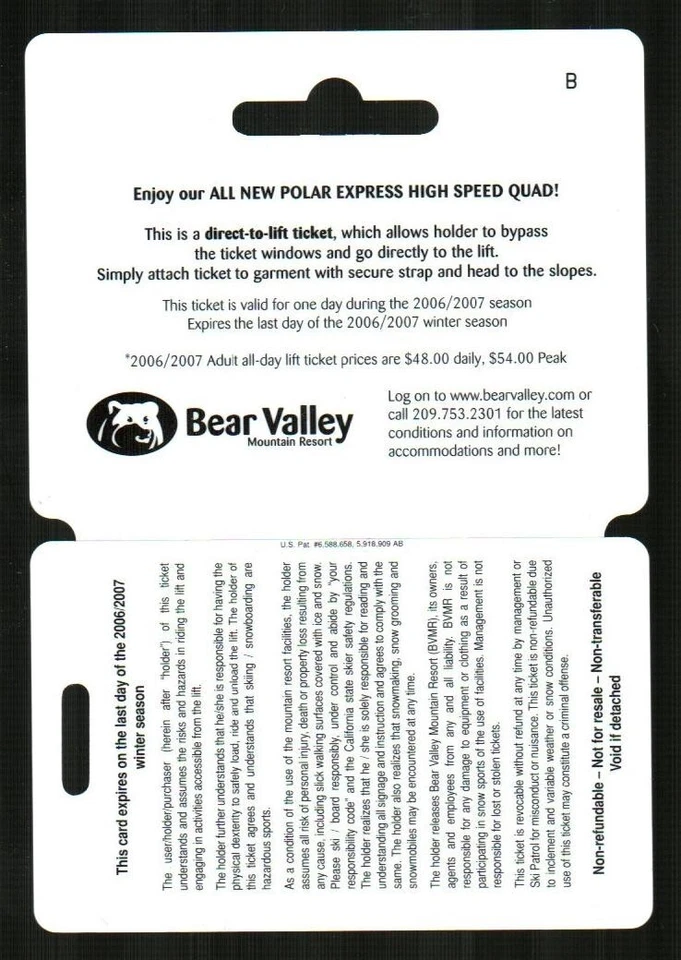 BEAR VALLEY MOUNTAIN RESORT Skier ( 2006 ) Lift Ticket Card ( $0 - Expired ) - Image 2 of 2
