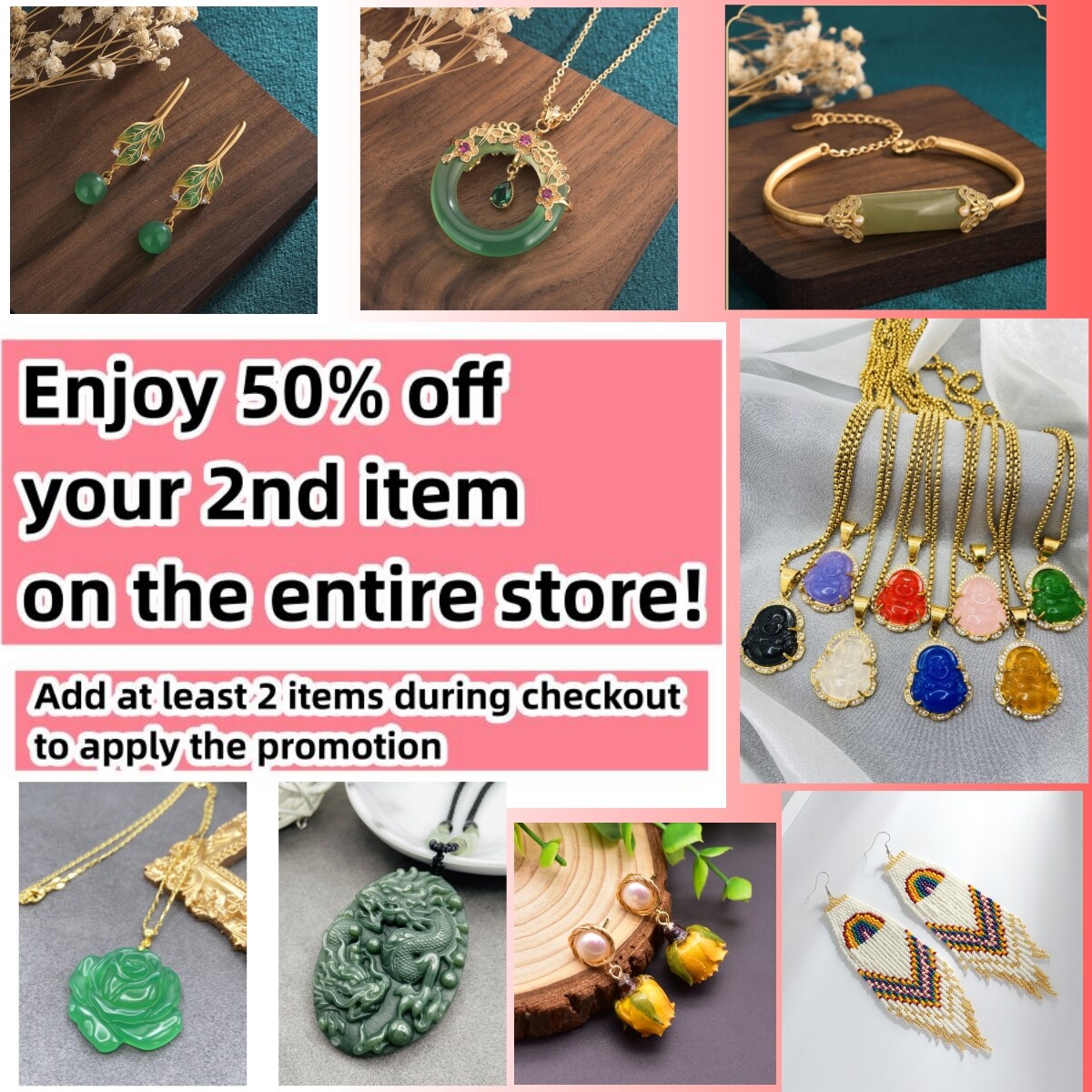 Green Jade Crystal Pendant Necklace Charm 18K Gold Plated