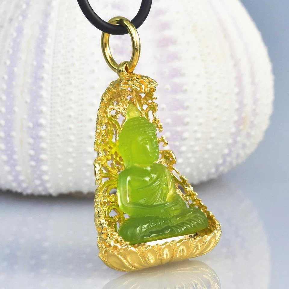 Buddha Image Gold Vermeil Sterling Bodhi Tree Green Chalcedony Pendant 13.48 g - Image 3 of 4