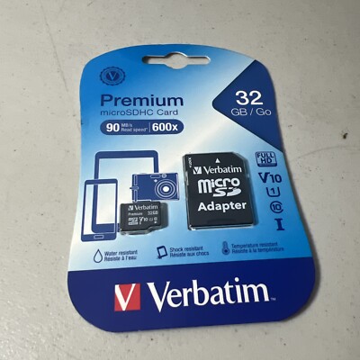 Verbatim Premium microSDHC Card w/adapter 90MB/s Read speed 600x 32 GB 2Pk