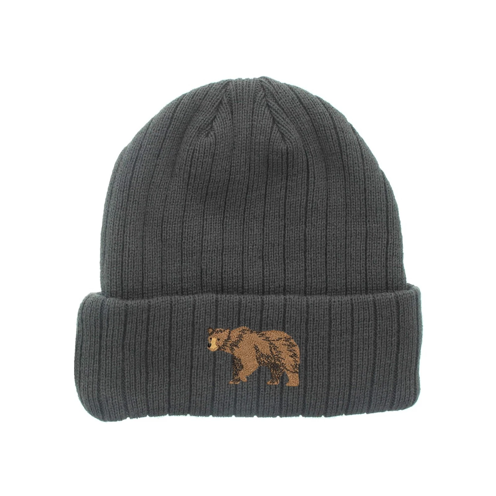 Wildlife Brown bear embroidered fleece beanie hat, insulated winter beanie hat