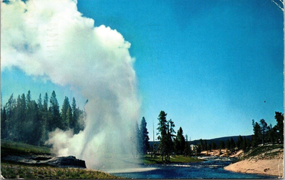 #ad Riverside Geyser Upper Basin Yellowstone National Park Postcard PM Casper WY WOB $4.49