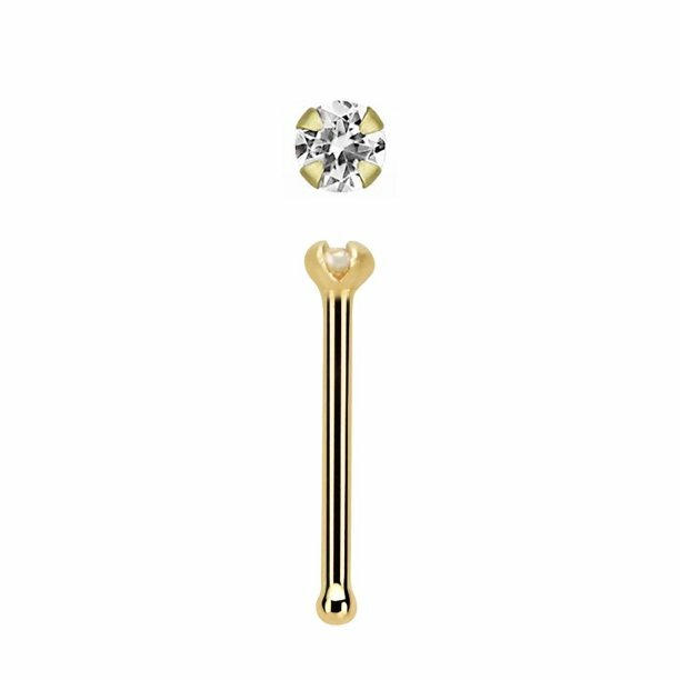 SOLID REAL 14K YELLOW GOLD 20G CZ 2MM CLEAR CZ NOSE STUD BONE DIMPLE ...