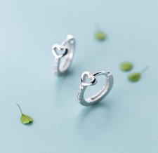 14k White Gold Plated Round Simulated Diamond Women's Heart Huggie Hoop Earrings