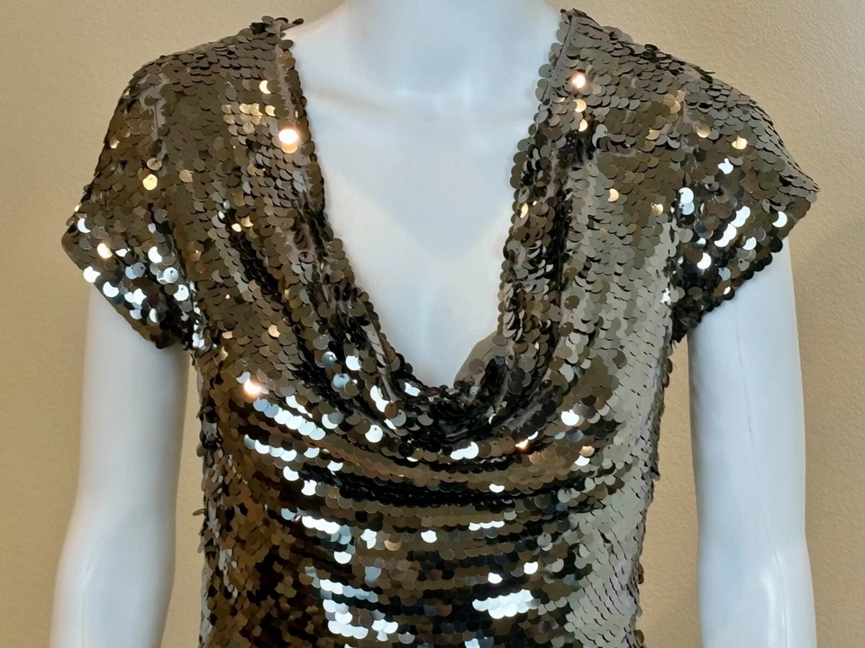 INC Top Womens S Silver Sequin Cowl Neck Short Sleeve Party Cocktail Glam Sexy - Image 2 of 4