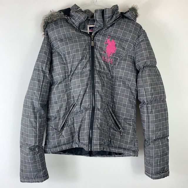 US Polo Association Puffer Hooded Coat Jacket Wm Sz L Zip Front Black White | eBay
