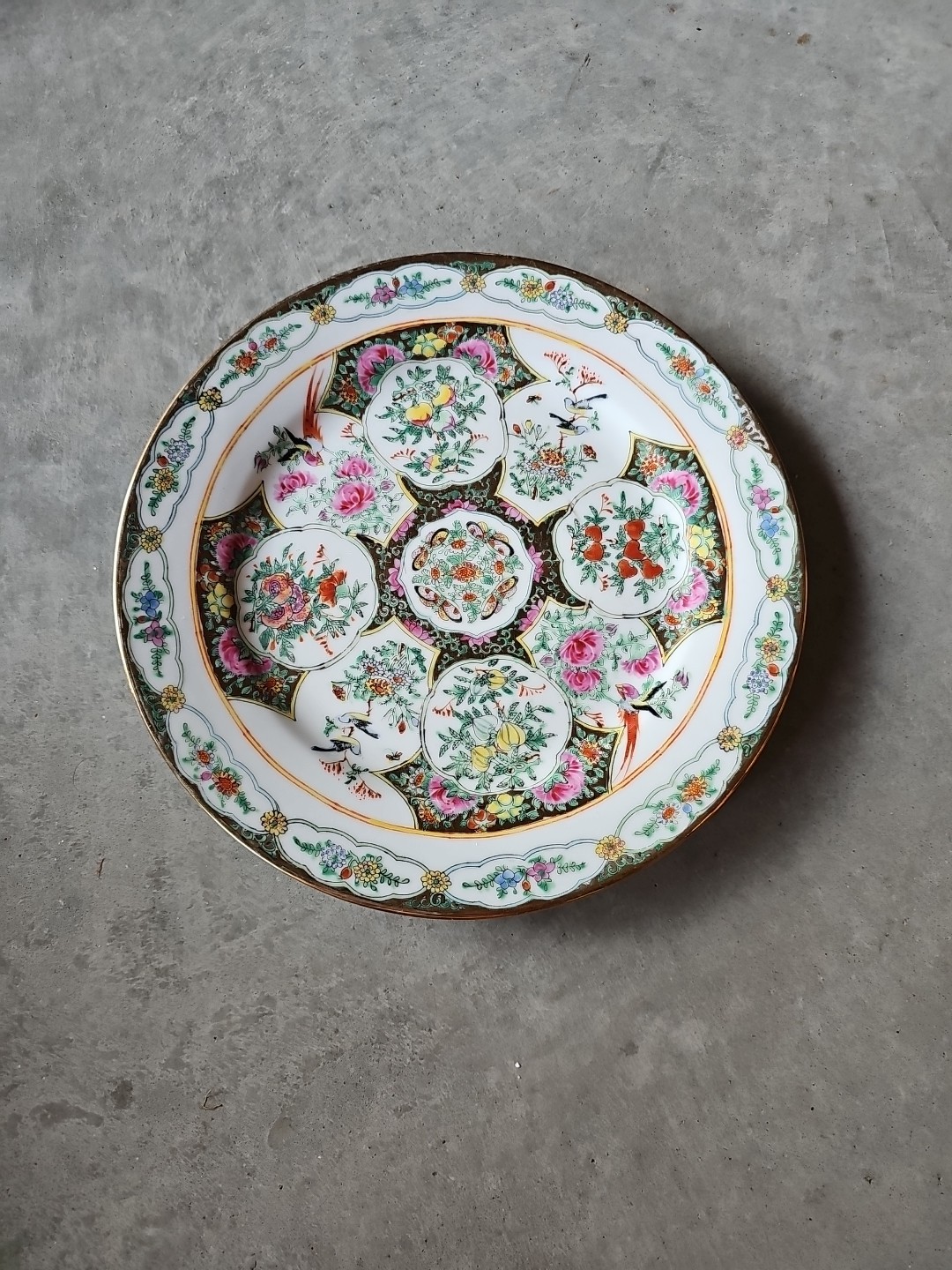 Vintage Chinese Export Famille Rose Medallion Plate | Flowers Birds Fruit