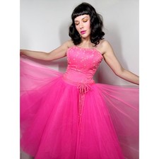 Large Neon Pink Tulle Beaded Party Gown by Precious Formals 