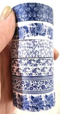 6 Rolls Blue and White Porcelain Washi Tape Decorative Masking