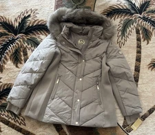 Michael Kors Taupe Winter Coat MK Designer Jacket Fur Hood Size XL NWT