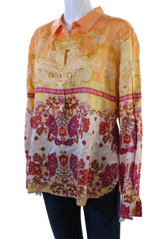 Robert Graham Women Paisley Orange Button-Up Cotton Silk Blouse Size L - Image 2 of 4