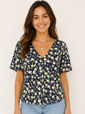 Lush Women s Medium Navy Floral Open Back Tie Blouse Flutter Sleeve Top