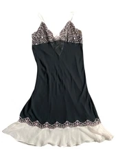 Fantasies by Morgan Taylor lace slip dress sheer with back tie Black & Pink Sz L