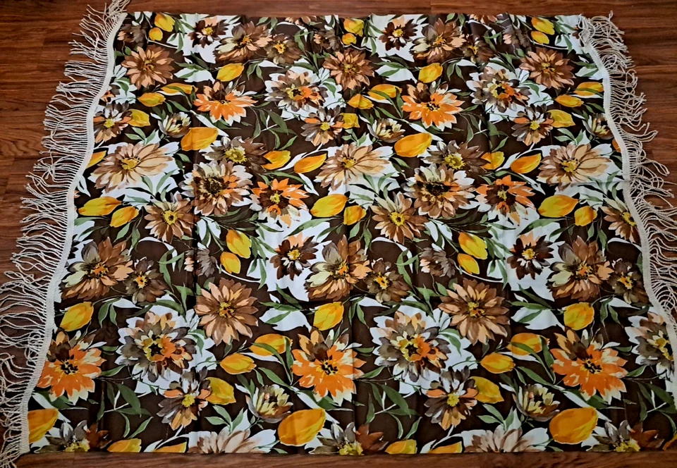 Mantel Vinilo Vintage con Flecos Años 70 Naranja Marrón Floral Retro 62x51 Foto 2 de 4