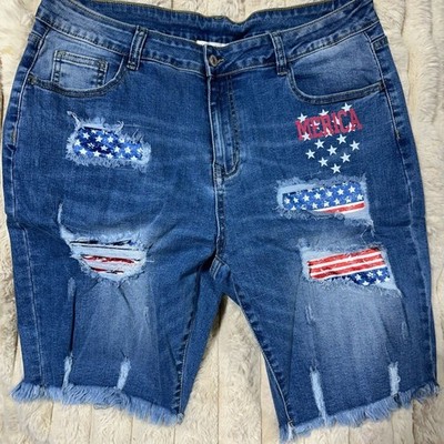 Tres Chic Patriotic USA American Flag Denim Shorts Distressed High Waist NWOT