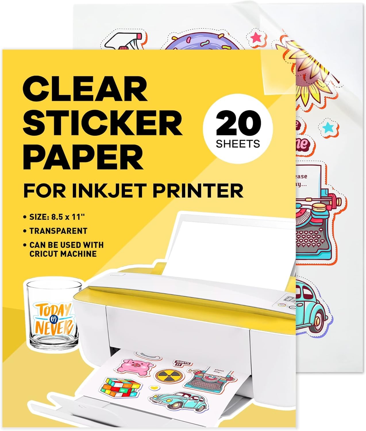 Clear Sticker Paper for Inkjet Printers - 20 Sheets, 8.5x11, Glossy,