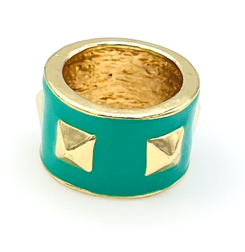 Studded Gold Tone Green Enamel Wide Band Ring Size 7 - Picture 3 of 8