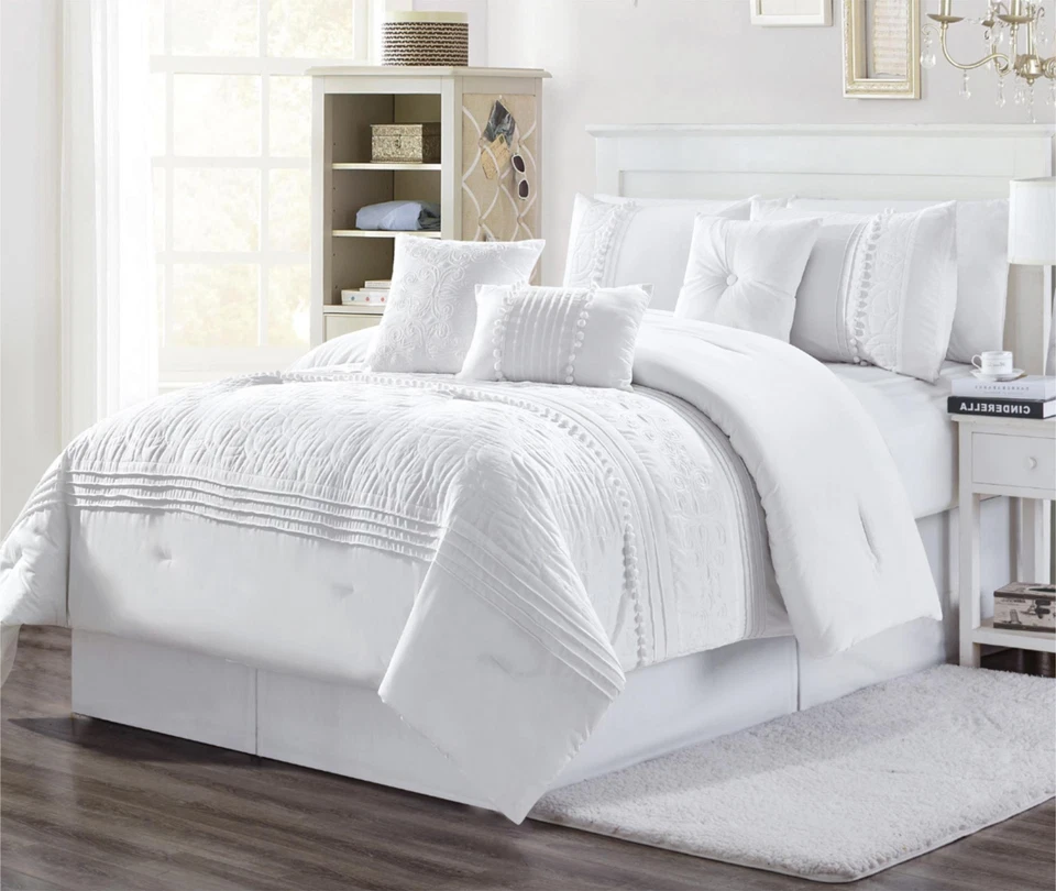 7-Piece White Shabby Chic Floral Geometric Embroidered Pom Pom Comforter Set - Image 2 of 4