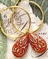Etched Red and Gold Teardrop Hoop Earrings.