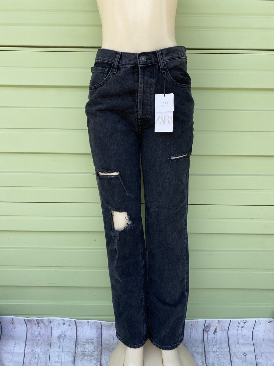 ZARA BLACK LOW RISE BOYFRIEND JEANS RIPPED faded-effect Size