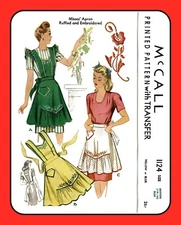APRON Sewing Pattern Bib or Waist Embroidered RARE McCall 1124 Vtg 1944