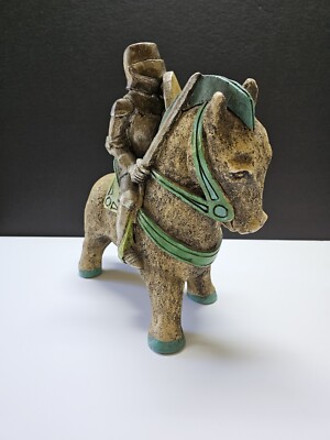   1967 Detailed Plaster Chalkware Knight On Horse 11'' Green Accent Eagle Shield