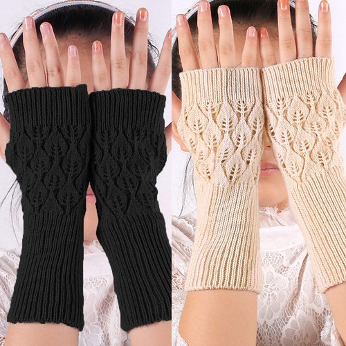 Womens Long Half Finger Fingerless Gloves Arm Hand Warmer Knitted Mittens Winter - Picture 24 of 31