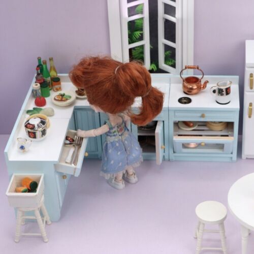 1SET Dollhouse Miniature 1/12 Scale Blue Vegetable Cutting Table Cabinet Kitchen - Picture 1 of 6