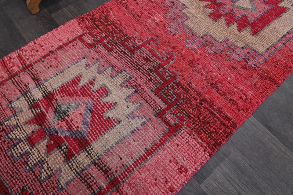 Vintage Turkish Runner Rug 3x12ft Wool Anatolian Handmade Hallway Oushak PINK - Image 3 of 4