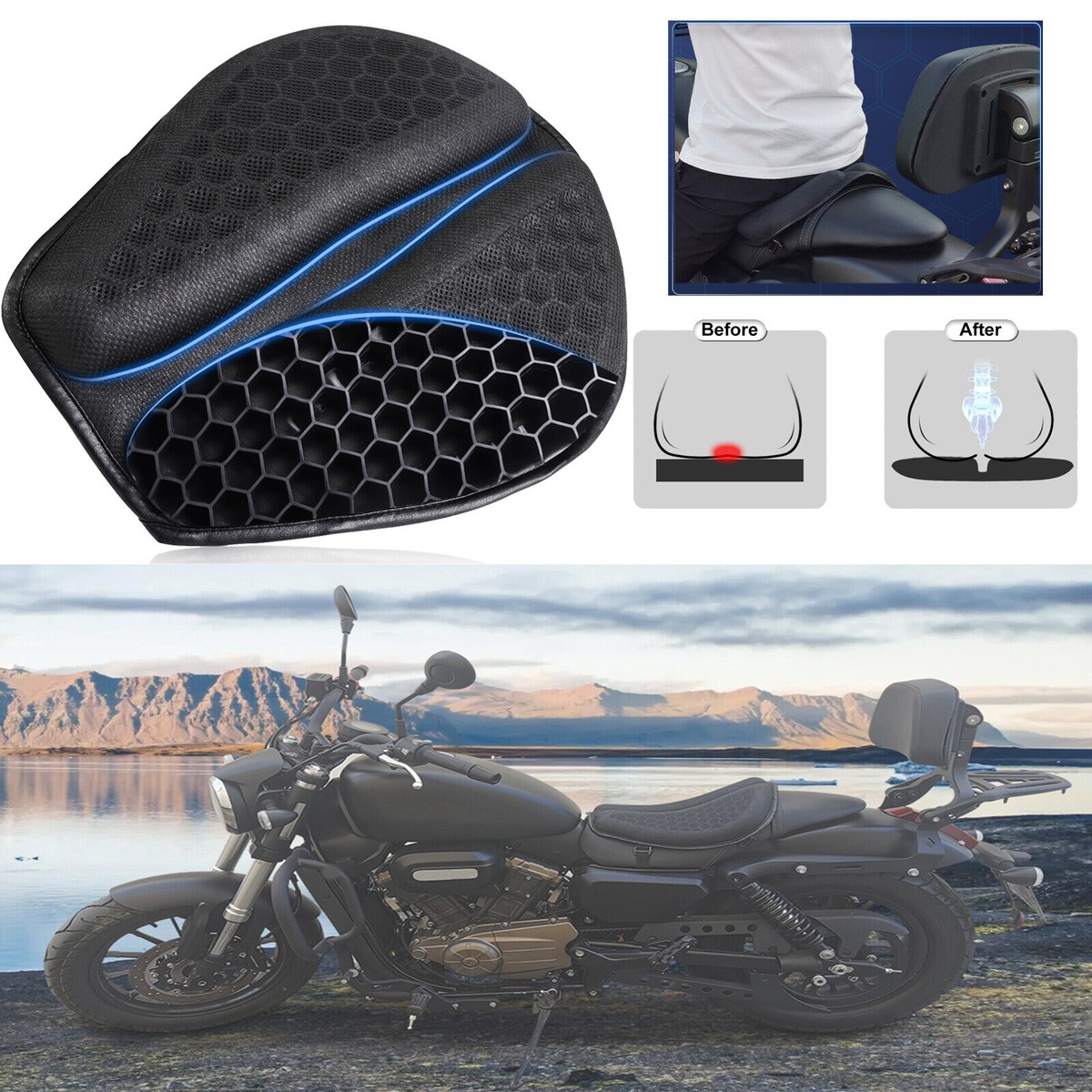 Foldable Motorcycle Gel Seat , Large 3D Honeycomb Shock Absorption