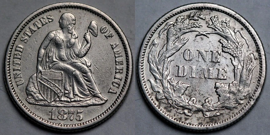 1875 Seated Liberty Dime - Misplaced Date - Image 2 of 2