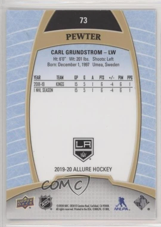 2019-20 Upper Deck Allure Rookies Pewter Carl Grundstrom #73 Rookie RC - Image 2 of 2