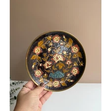 Vintage Painted Enamel Brass Wall Plate | Floral Design | Brown Gold Turquoise