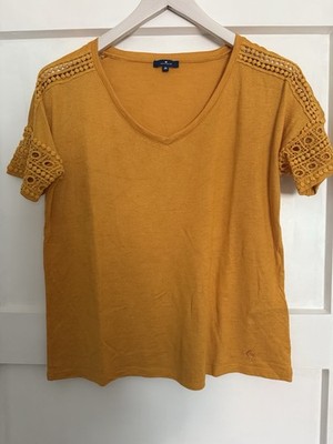 Tom Tailor Damen T-Shirt Kurzarm Stickerei V-Ausschnitt Senfgelb Gr. M Neuwertig